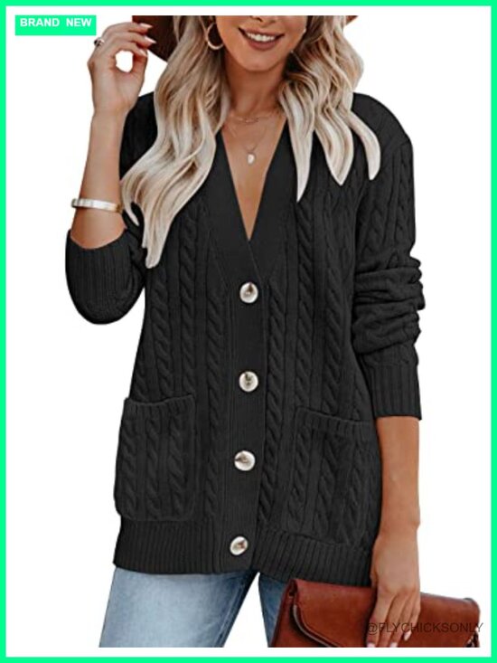 Sweaters - Oversized Cable Knit Cardigan with Buttons for Women